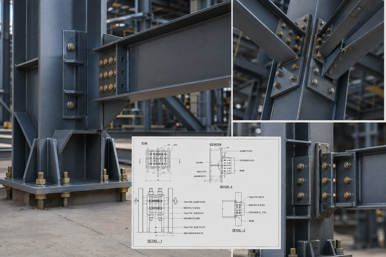Industrial steel framework with bolted joints and a displayed blueprint plan attached to the beam
